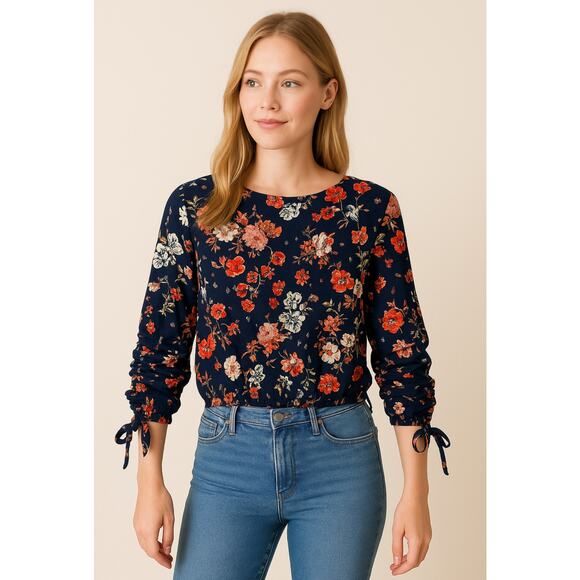 Moa Moa Women’s Floral Blouse Navy Blue Red Long Sleeve Tie Cuffs Size Medium - Picture 2 of 8